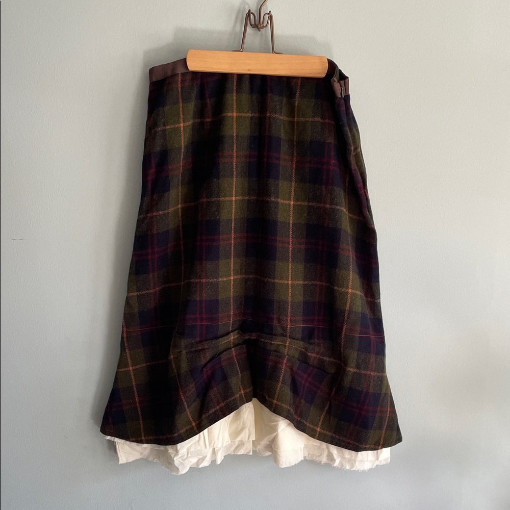 Plaid High-Low Midi Skirt with White Ruffle Hem